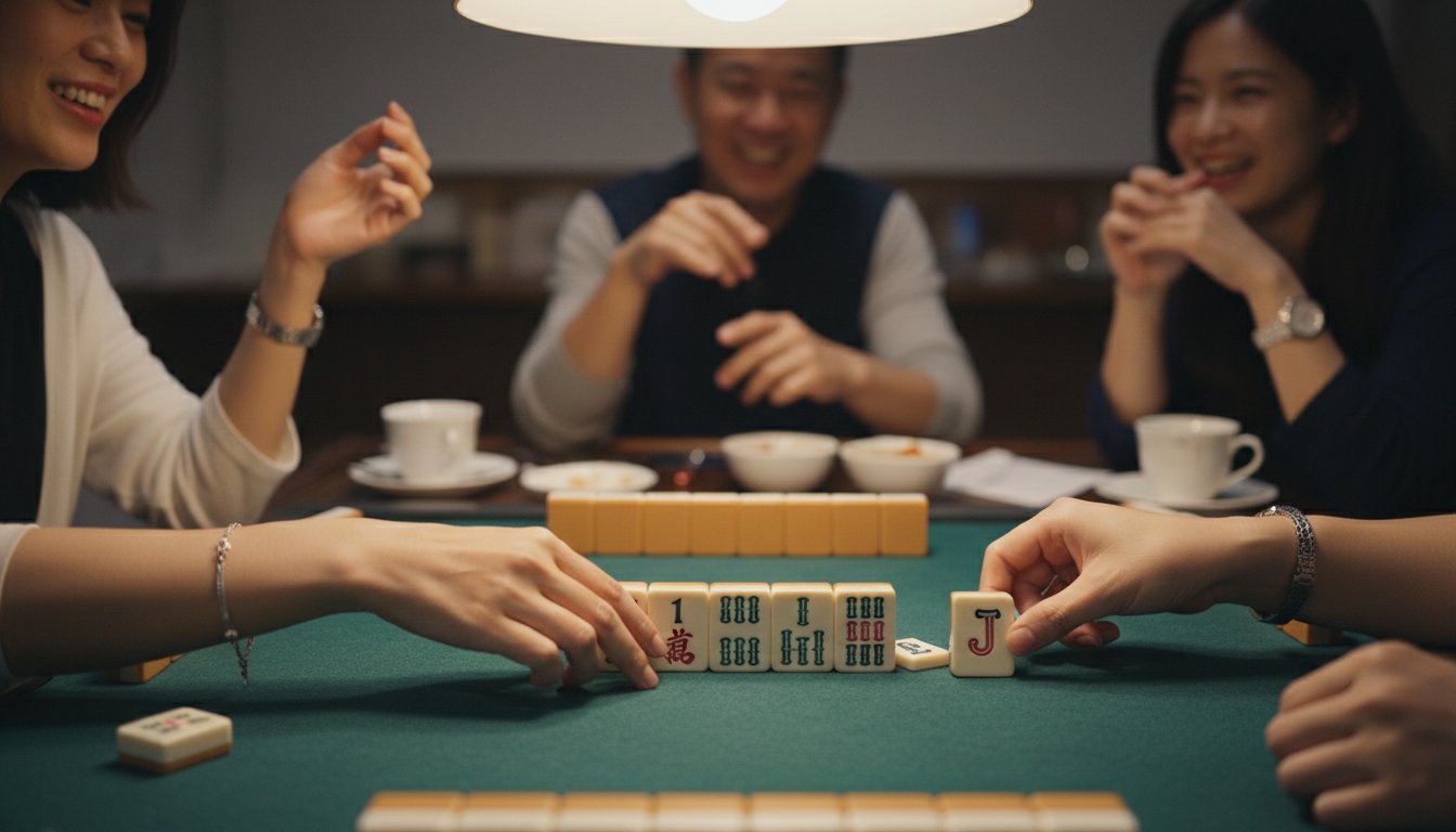 Hands exchanging a joker tile across a mahjong table