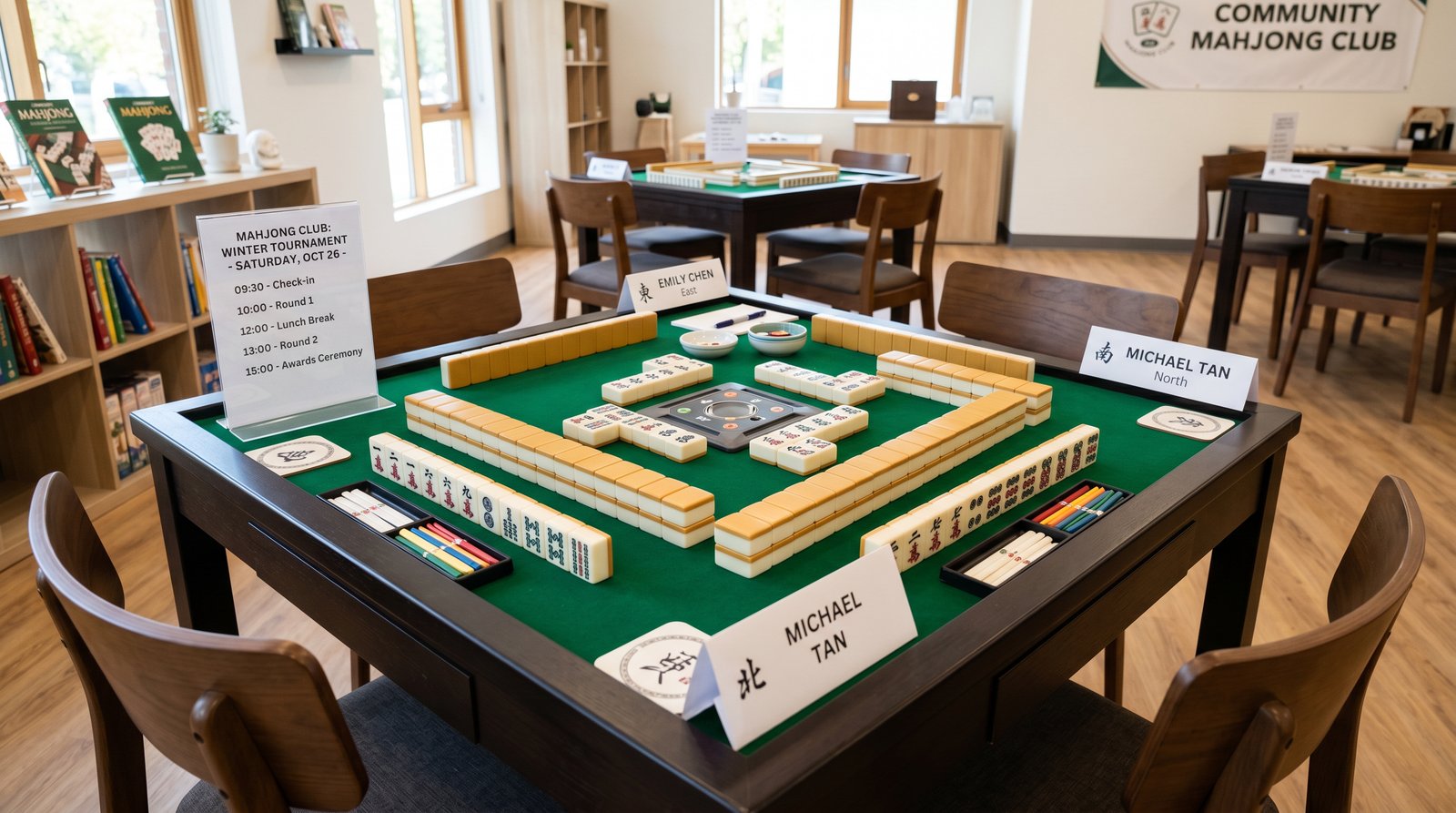 An organized mahjong club setup with name cards at each seat and a printed schedule on the table