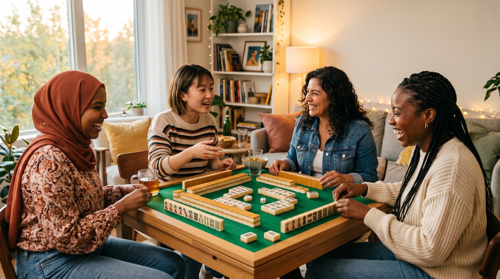 A warm and welcoming mahjong game night with a diverse group of players laughing together