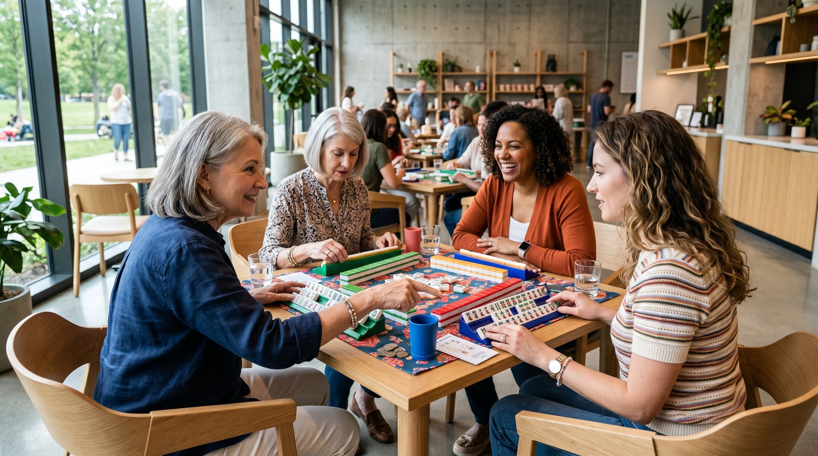 A welcoming mahjong club session with experienced players guiding newcomers