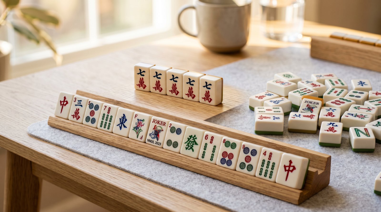 Mahjong tiles arranged on a game table with players of varying experience levels