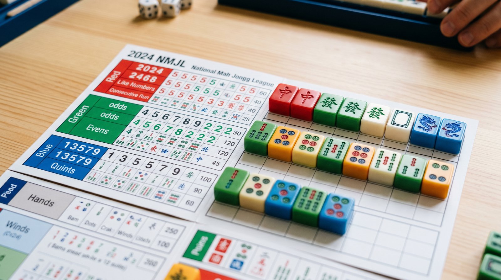 A close-up of an NMJL card spread on a mahjong table, with tiles arranged by section