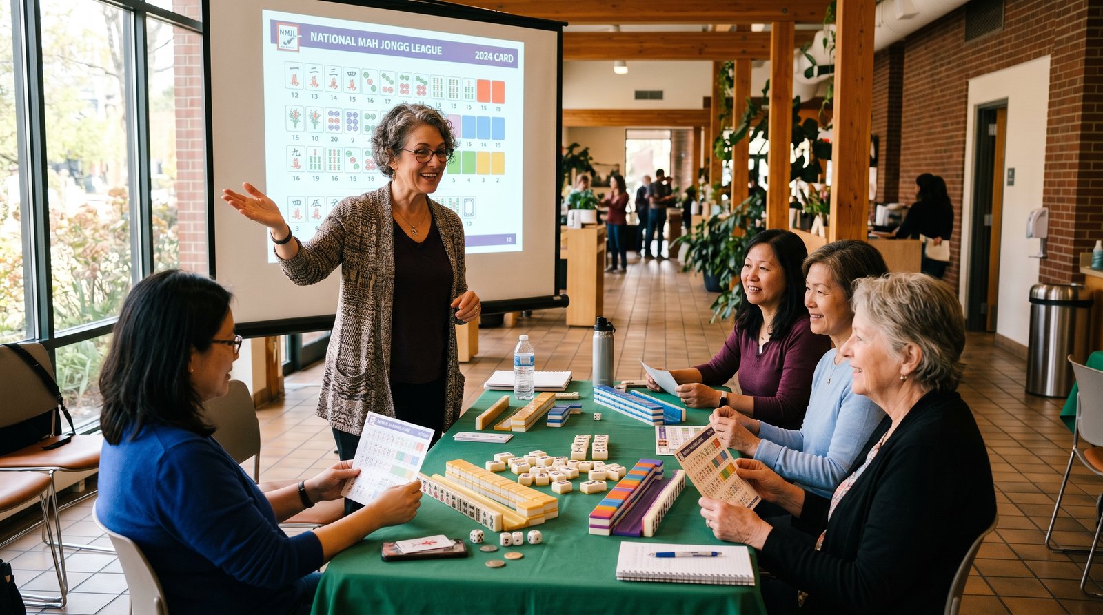 Mahjong instructor pointing to a projected NMJL card while students follow along at their tables