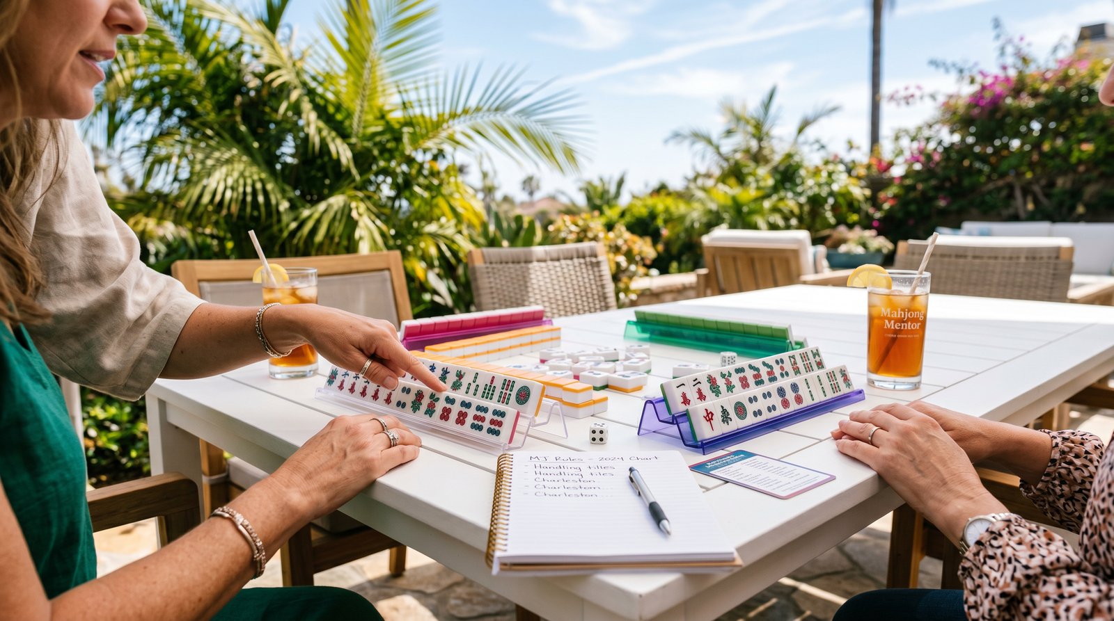 A mahjong instructor teaching a small group at a bright, modern table