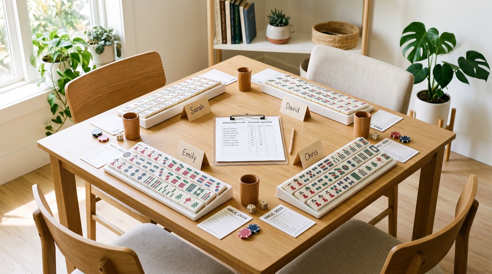An organized mahjong table with neatly arranged tiles and racks ready for play