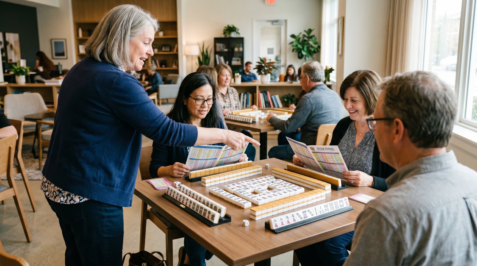 Instructor leading a group through the new NMJL card at a mahjong table