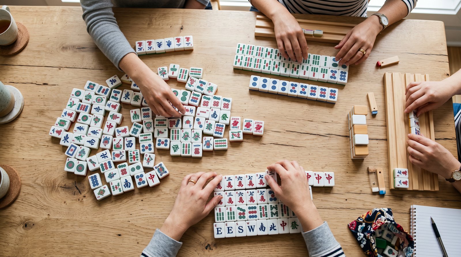 Colorful mahjong tiles spread across a table during a card transition lesson