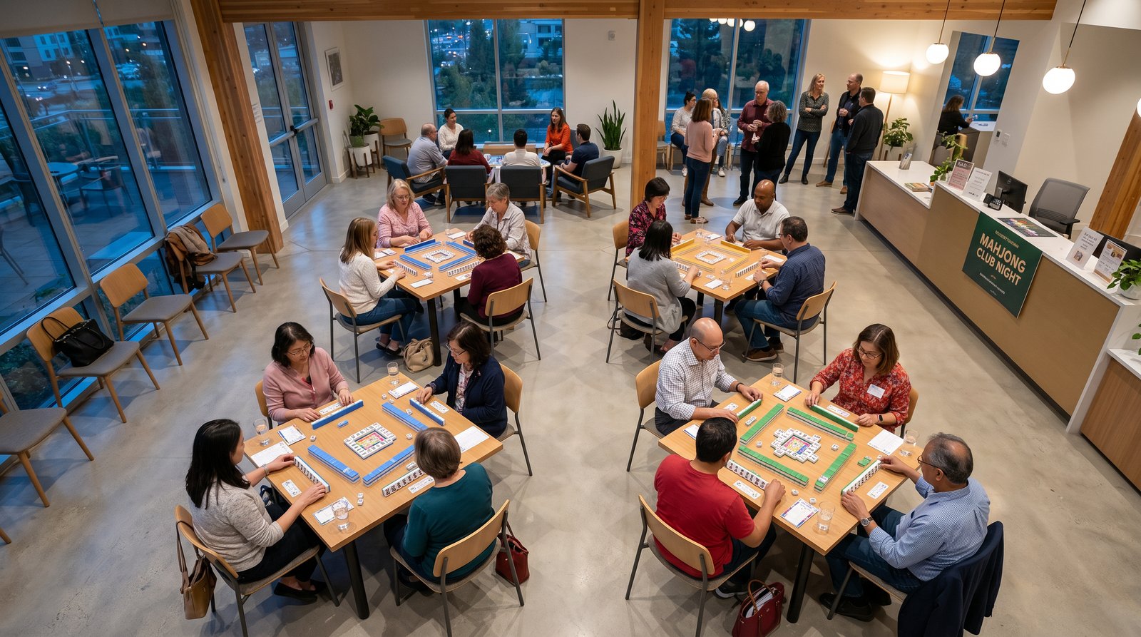 A modern mahjong club night with multiple tables of players in a bright contemporary space