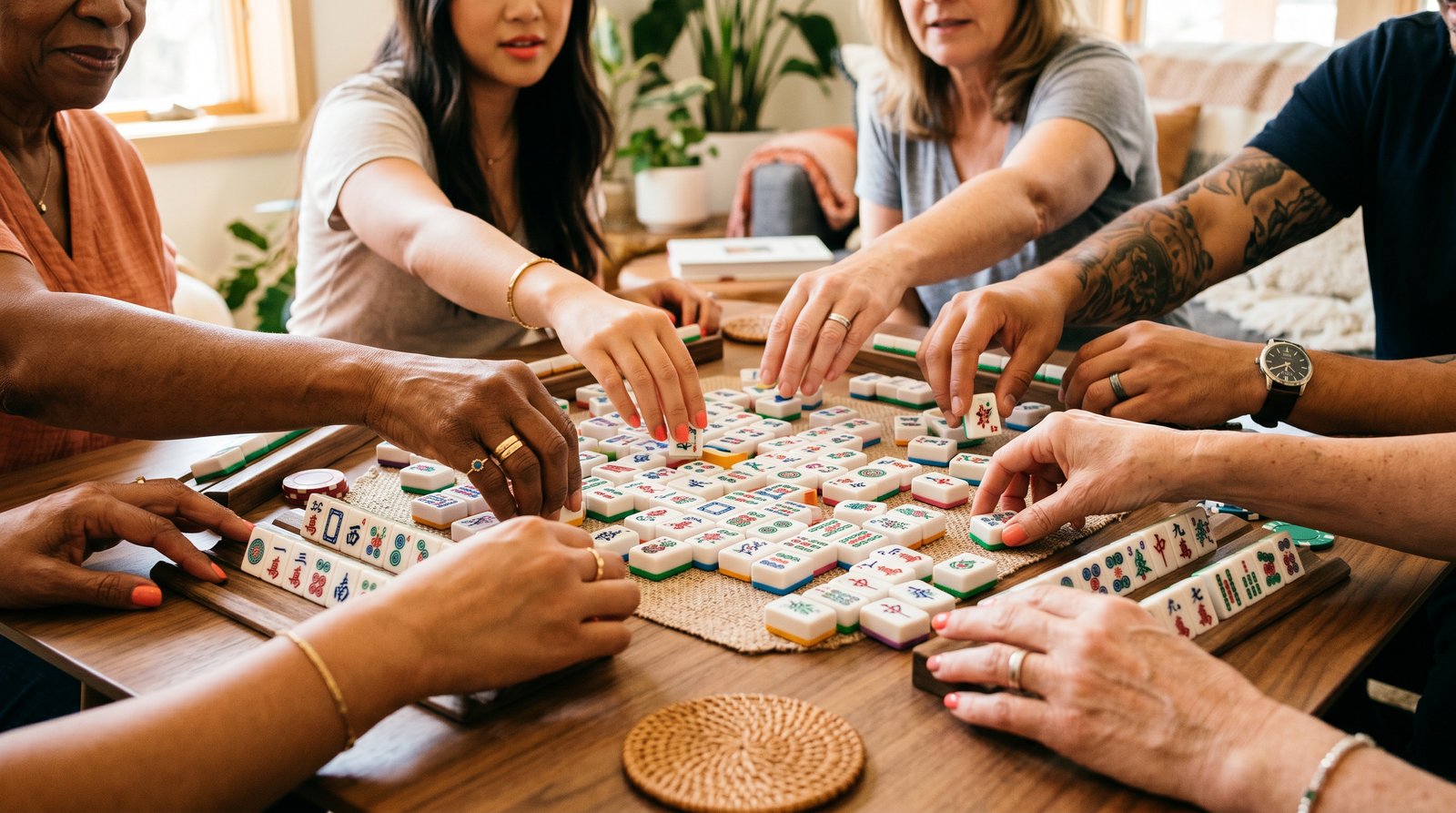 Diverse hands of different ages reaching for colorful mahjong tiles on a modern table